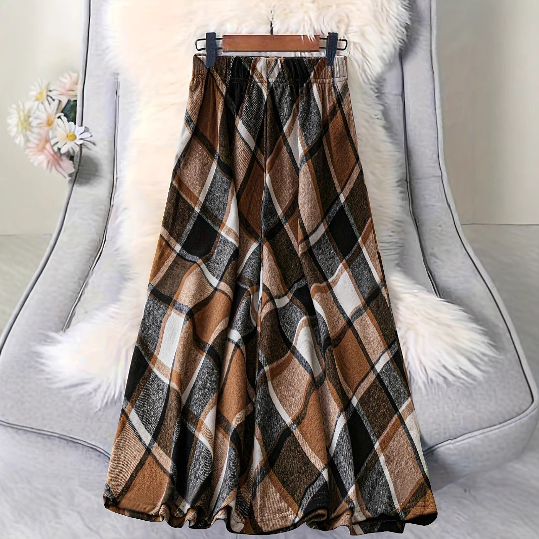 Vintage Plaid High Waist A-Line Midi Skirt Elastic Waist