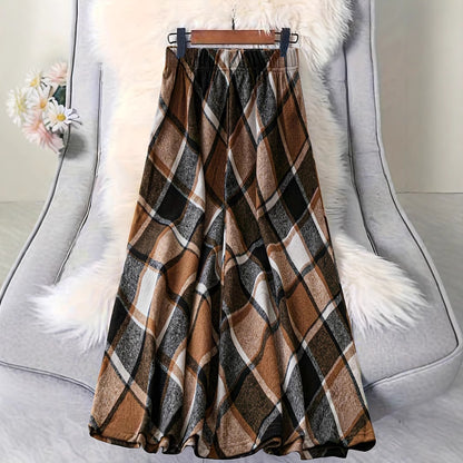 Vintage Plaid High Waist A-Line Midi Skirt Elastic Waist