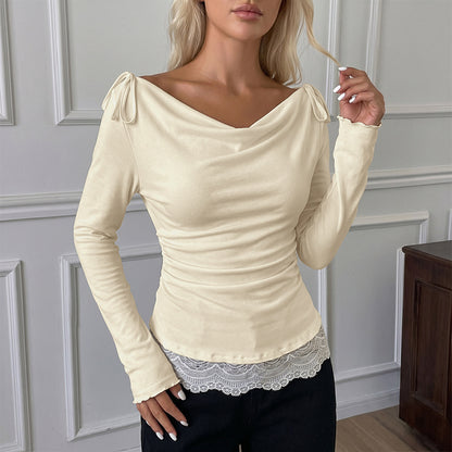 Lace Trim Cowl Neck Top Ruched Long Sleeve Fitted