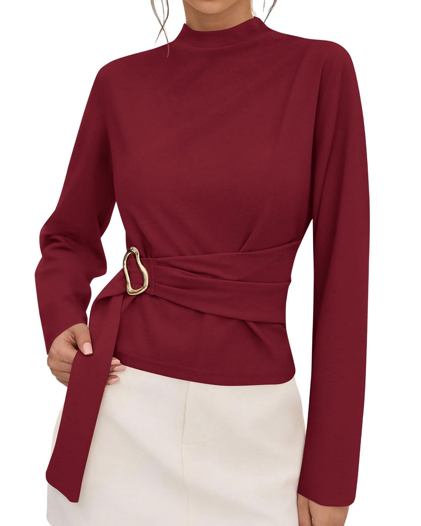Burgundy Belted Mock Neck Slim Fit Long Sleeve Top
