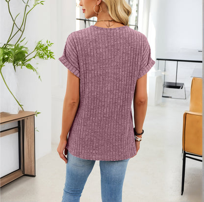 Ribbed Button V-Neck Top – Relaxed Fit Casual Summer Tee