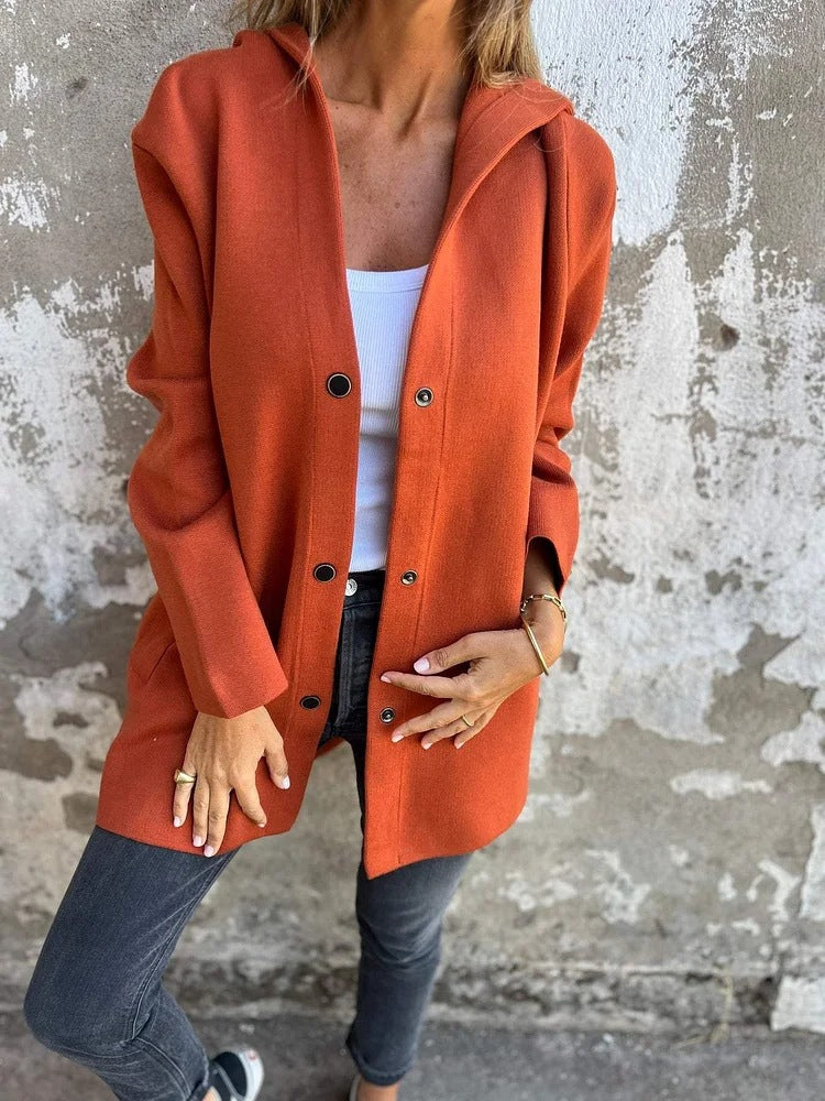 Women's Hooded Coat Button Front Mid Length Casual