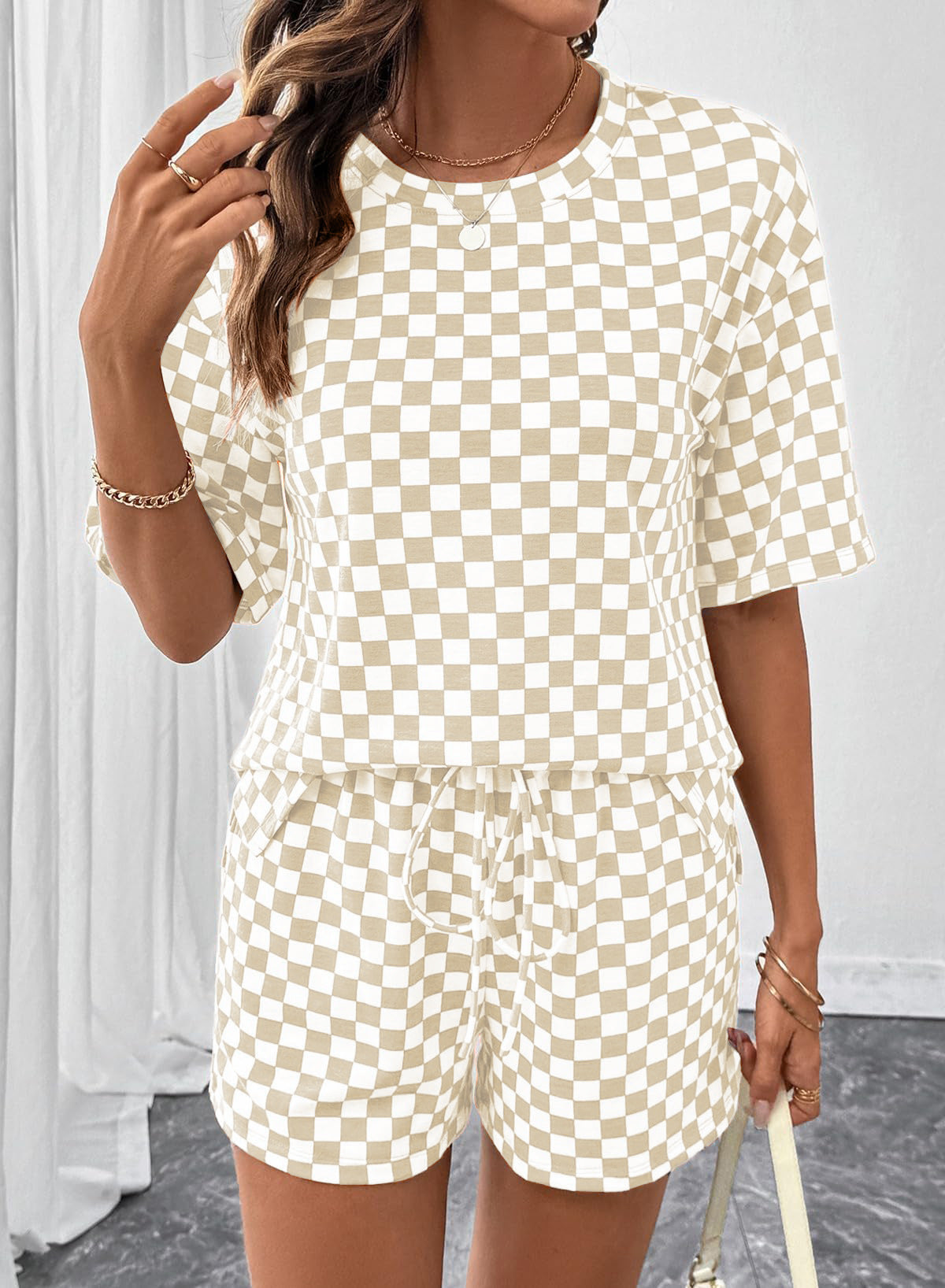 Rose Red Checkerboard Tee and Drawstring Shorts Set