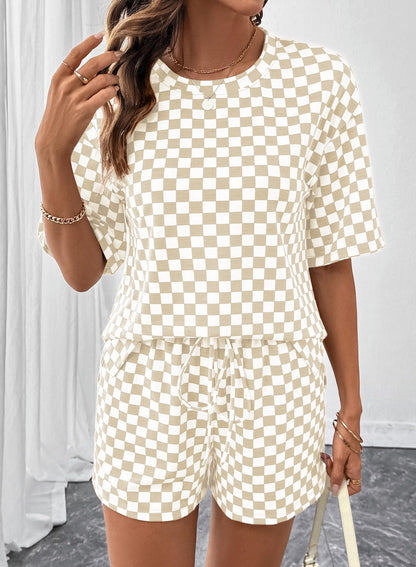 Rose Red Checkerboard Tee and Drawstring Shorts Set
