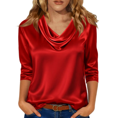 Women's Satin Cowl Neck Blouse 3/4 Sleeve Top