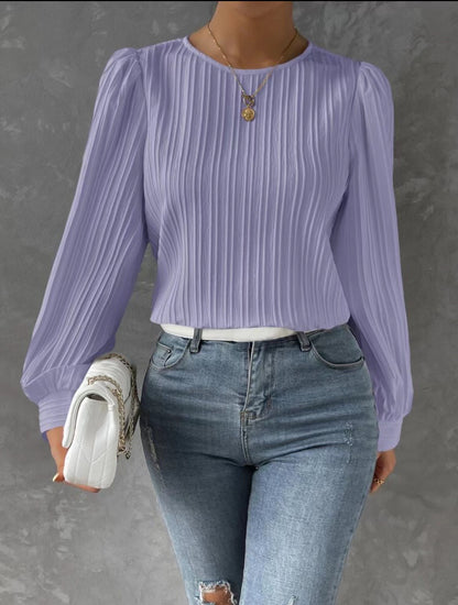 Women's Balloon Sleeve Pleated Blouse Round Neck Top