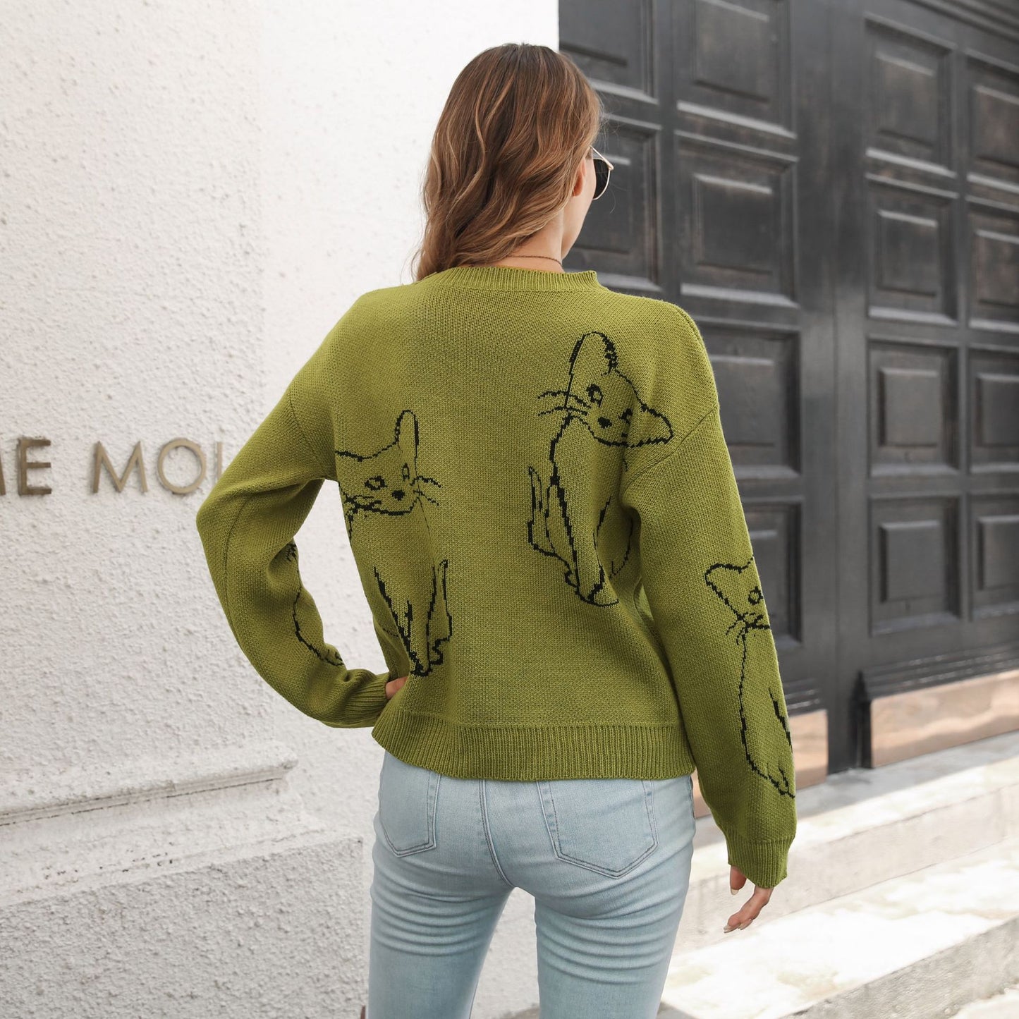 Women's Oversized Cat Graphic Sweater Crewneck Pullover