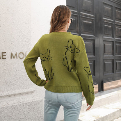 Women's Oversized Cat Graphic Sweater Crewneck Pullover