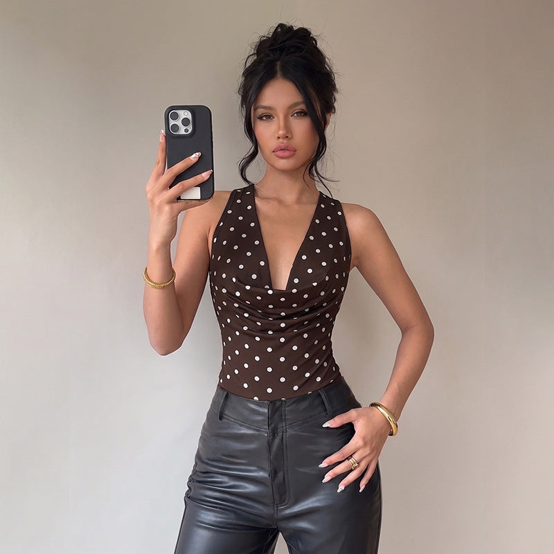 Polka Dot Bodysuit Halter Cowl Neck Slim Fit Top