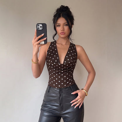 Polka Dot Bodysuit Halter Cowl Neck Slim Fit Top
