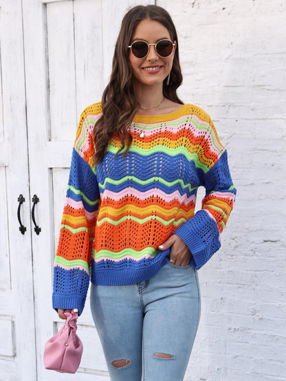 Women's Rainbow Pattern Intercolor Splicing Striped Long Sleeve Sweater