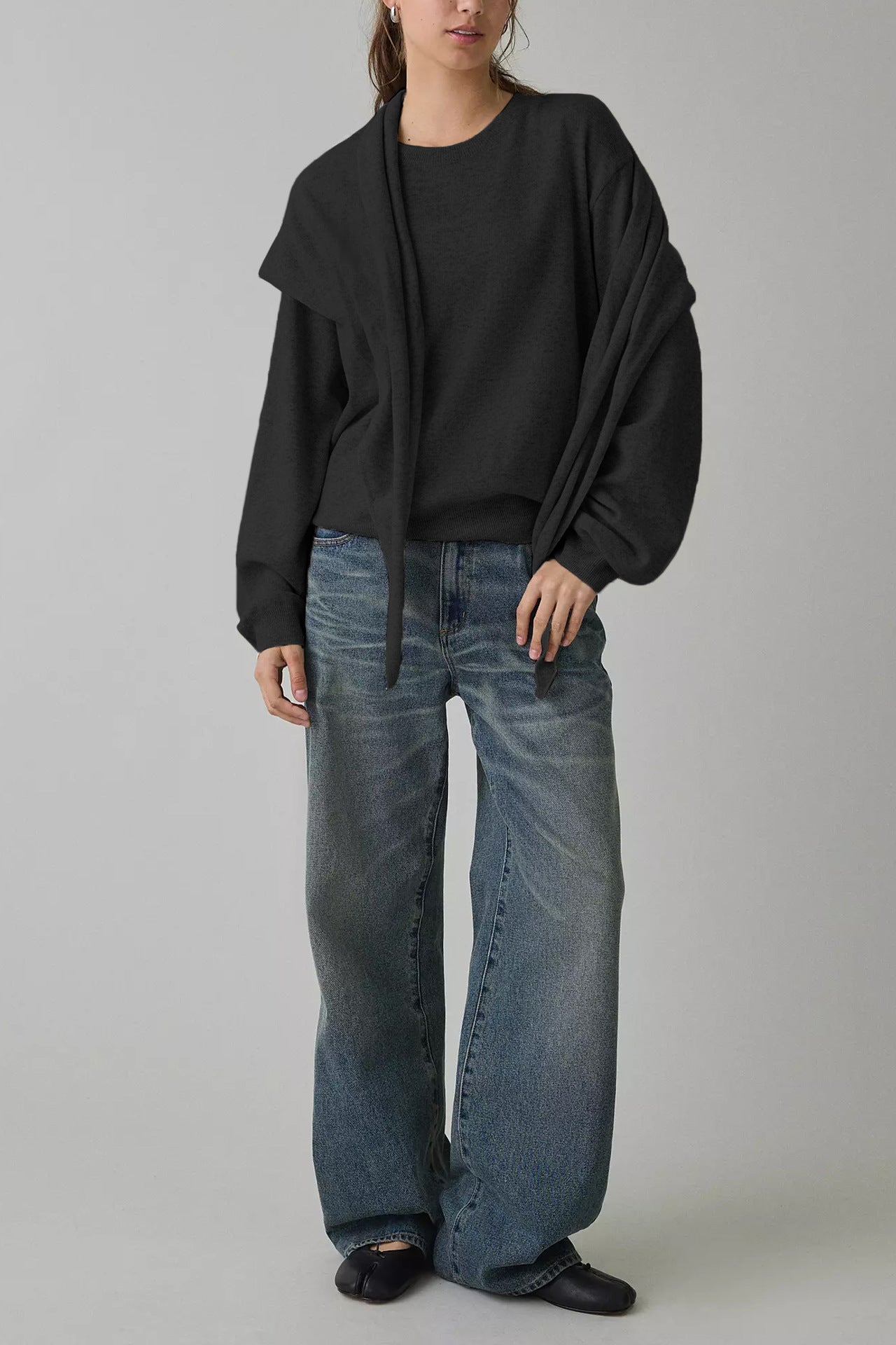 Striped Knit Sweater with Scarf Detail Crew Neck Pullover