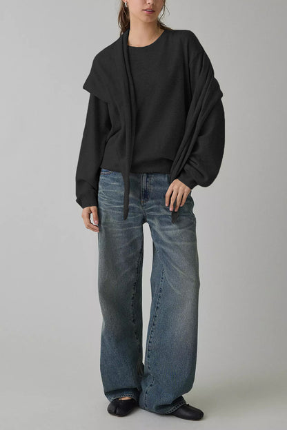Striped Knit Sweater with Scarf Detail Crew Neck Pullover