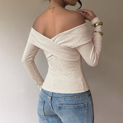 Off Shoulder Wrap Top Long Sleeve Fitted Knit