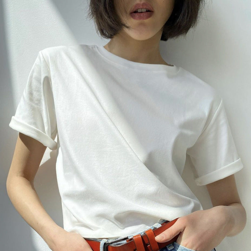 Solid Cotton T Shirt Loose Fit Crewneck Casual Top
