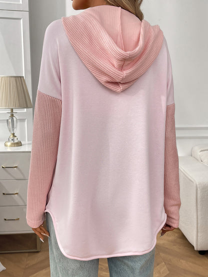2025 Fall/Winter Colorblock Knit Sleeve Hoodie – Casual Button Down Top