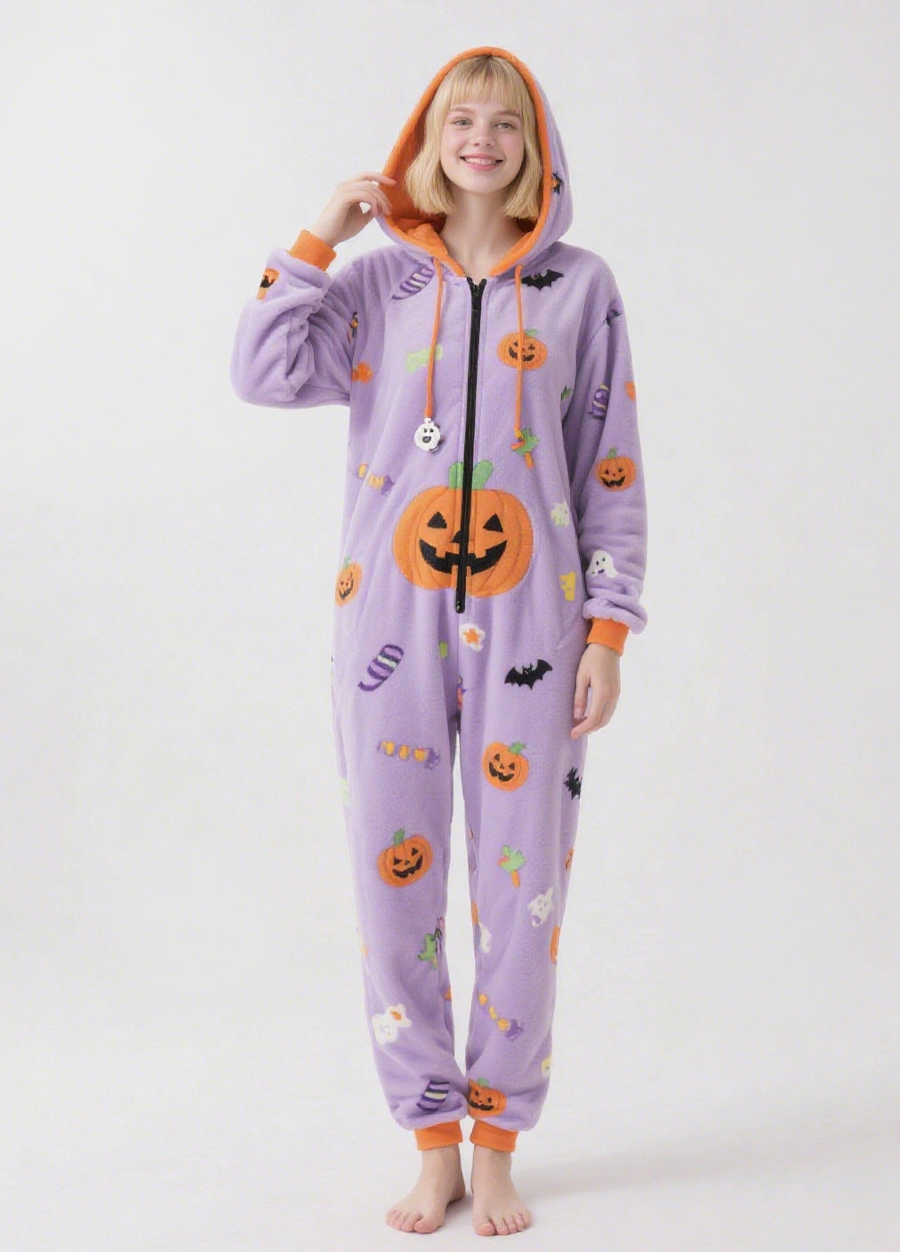 Women's Halloween Pumpkin Hooded Fleece Onesie
