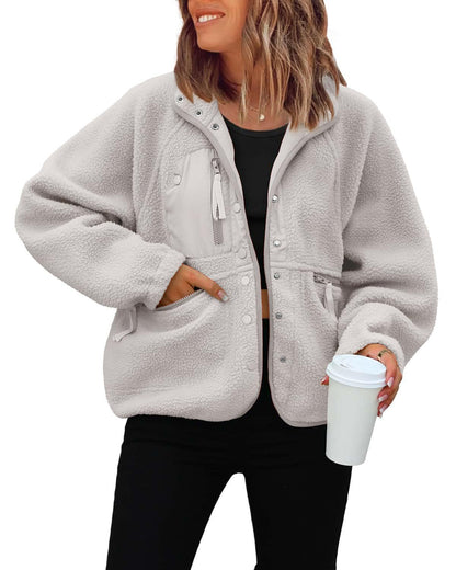 Women's Oversized Sherpa Fleece Jacket Button Front Casual