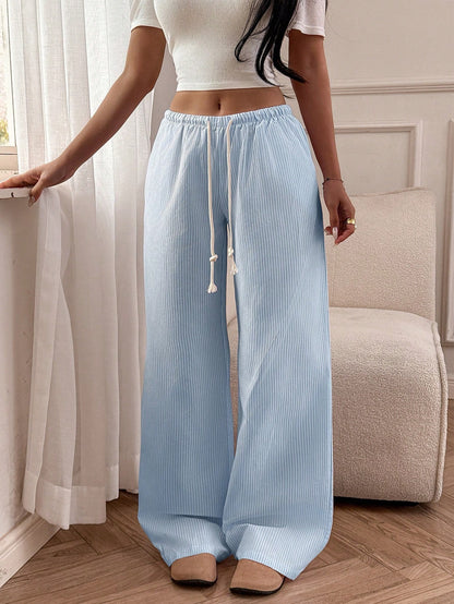 Womens Striped Wide Leg Pants Drawstring Casual Loose
