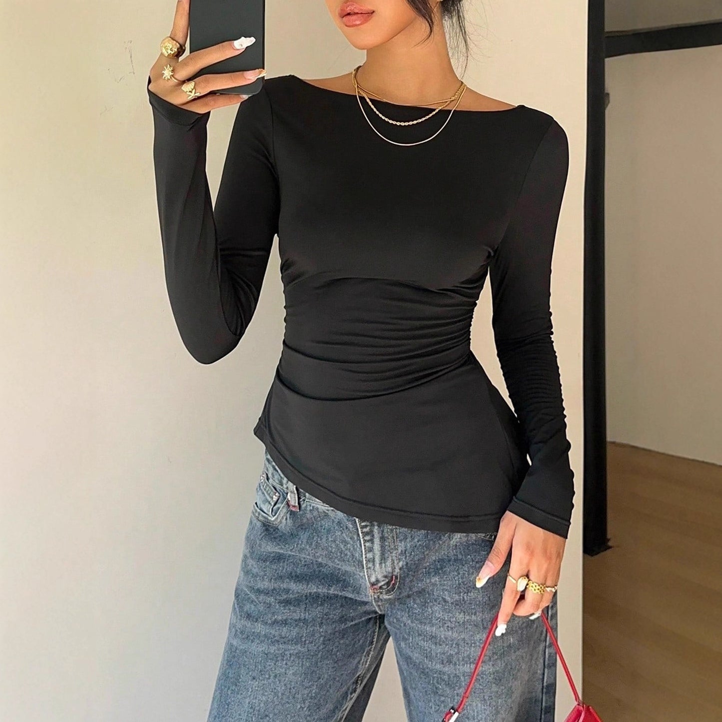 Black Off Shoulder Ruched Long Sleeve Crop Top