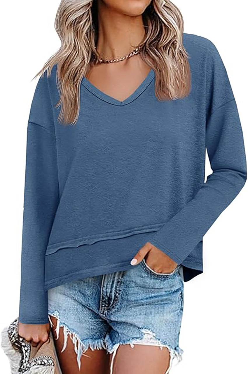 Women's V Neck Long Sleeve Casual Loose Pullover Top
