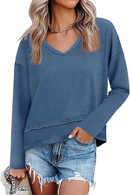 Women's V Neck Long Sleeve Casual Loose Pullover Top