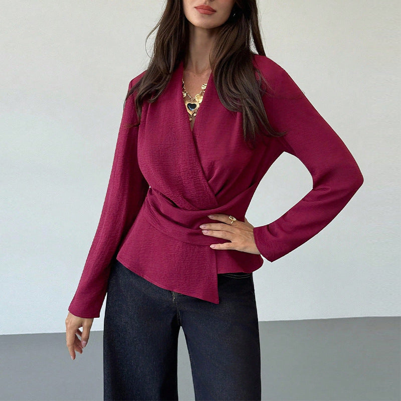 Burgundy V-Neck Ruched Asymmetric Long Sleeve Blouse