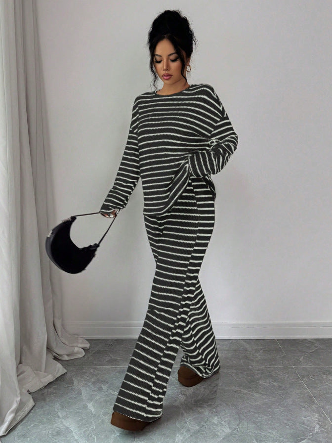Stripe Knit Lounge Set Crew Neck Top and Wide Leg Pants