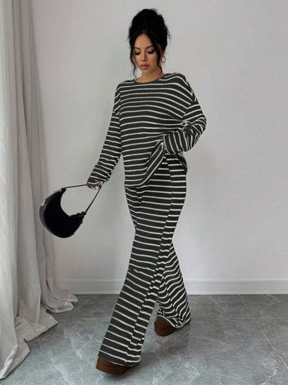 Stripe Knit Lounge Set Crew Neck Top and Wide Leg Pants