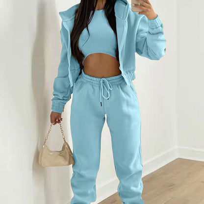 Women 3 Piece Hoodie Crop Top Jogger Pants Set