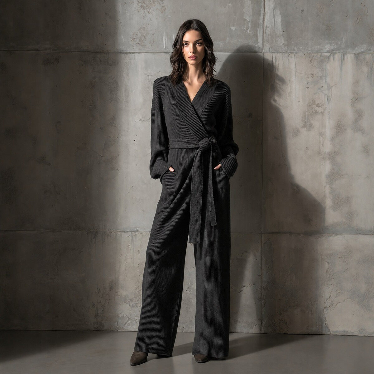 Women's Ribbed Knit Wrap Belted Jumpsuit Wide Leg