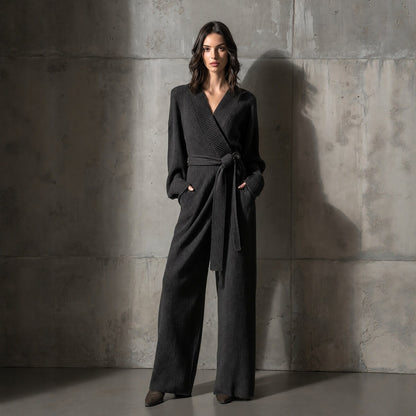 Women's Ribbed Knit Wrap Belted Jumpsuit Wide Leg