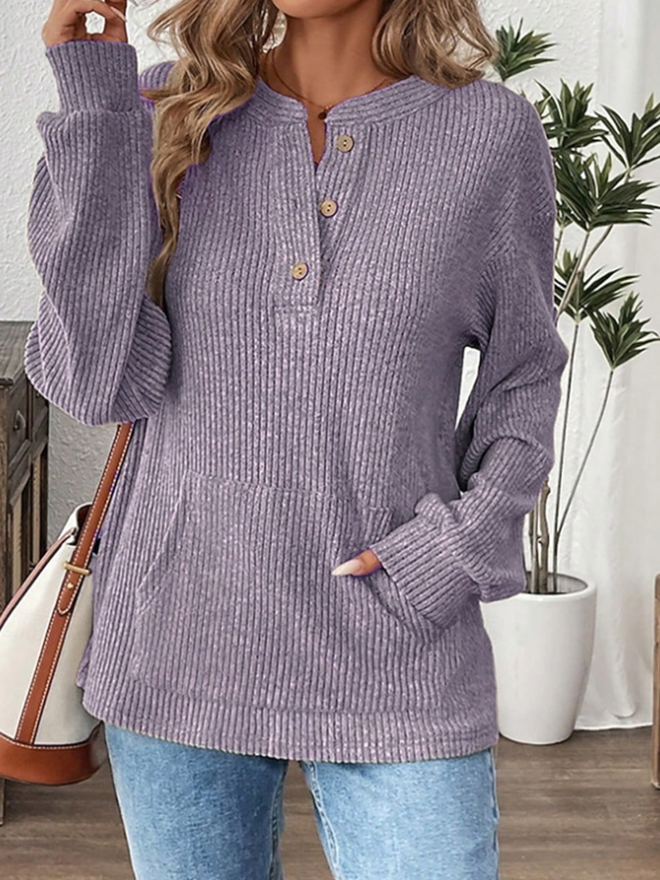 Women's Oversized Ribbed Henley Long Sleeve Top