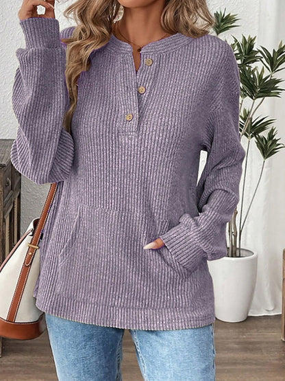 Women's Oversized Ribbed Henley Long Sleeve Top