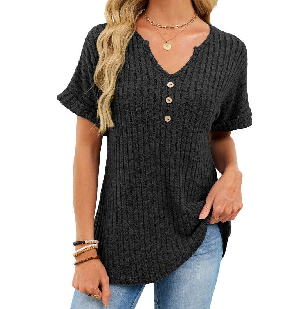 Ribbed V-Neck Button Top – Loose Fit Summer Casual Tee