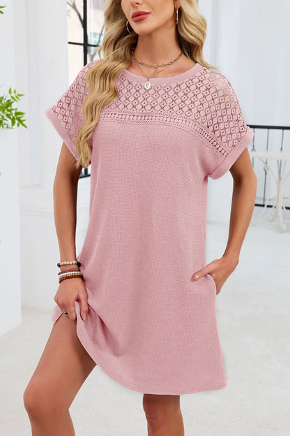 Blue Gray Yoke Loose T Shirt Dress Crew Neck