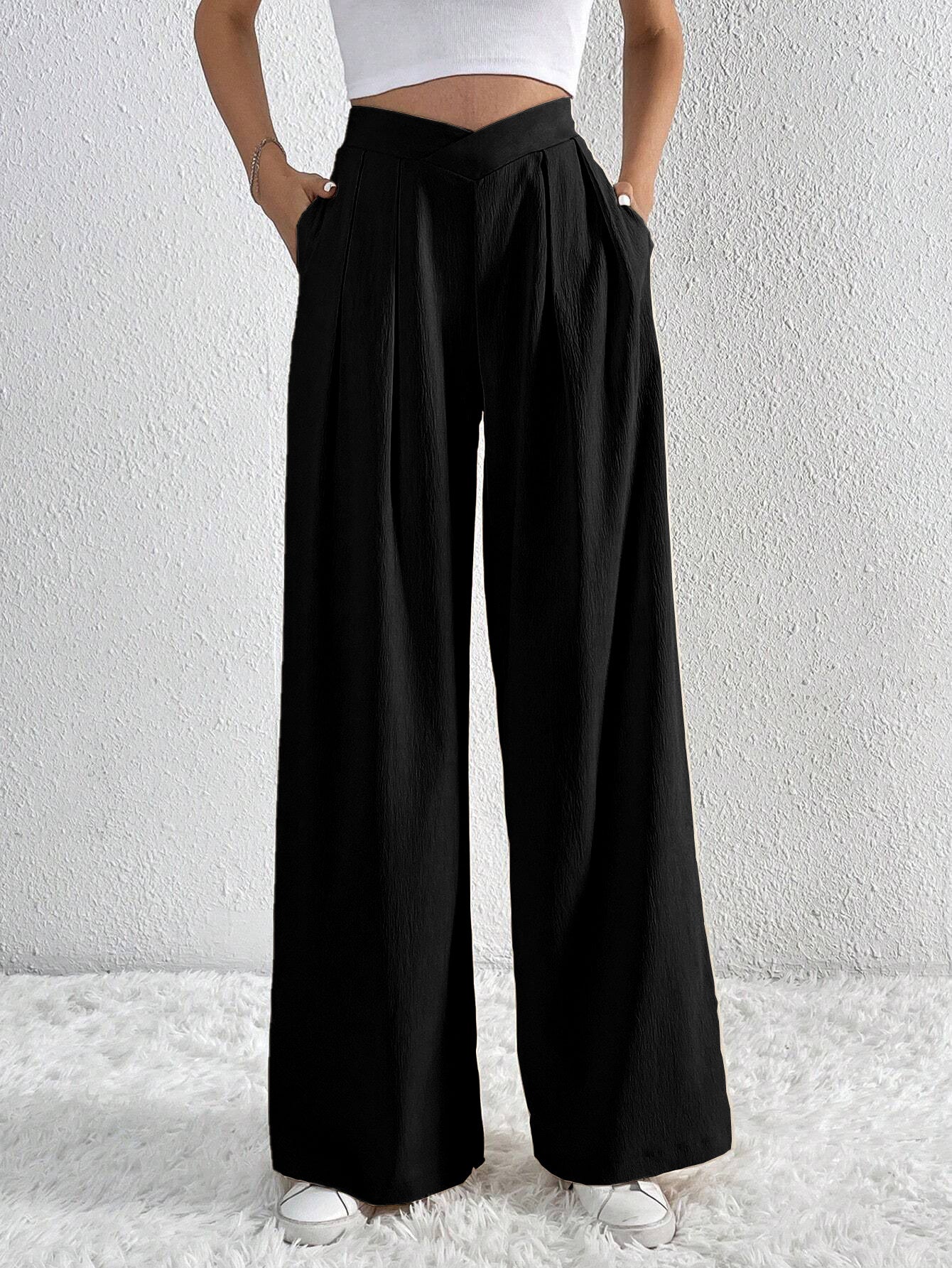 Pleated Wide Leg Pants Asymmetric Waist Trousers