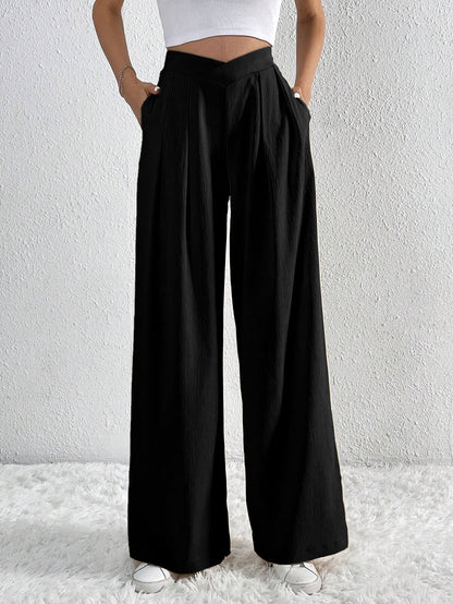 Pleated Wide Leg Pants Asymmetric Waist Trousers
