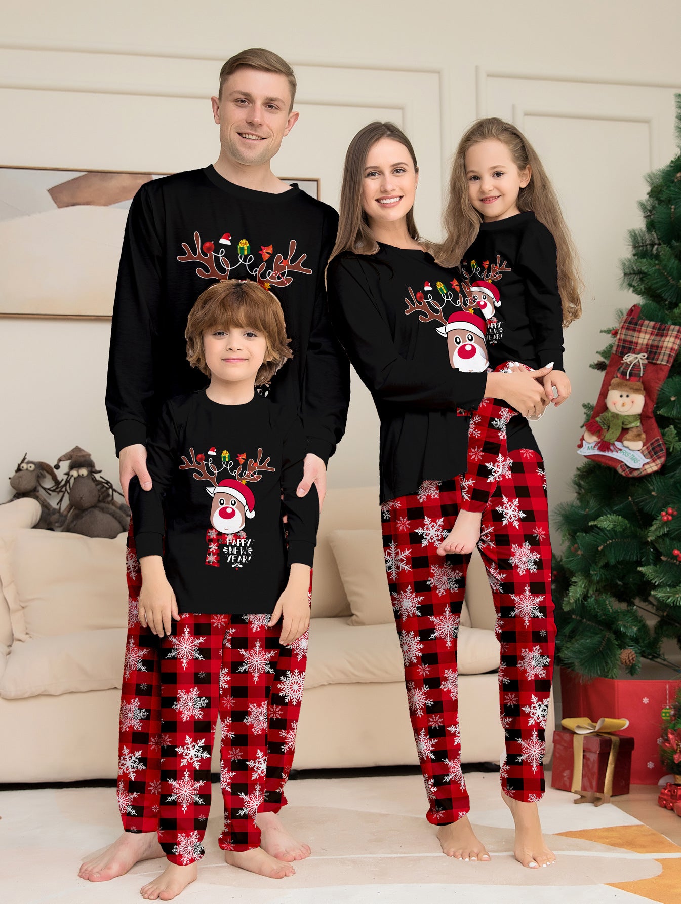 Deer Snowflake Plaid Parent-Child Printed Christmas Pajama Set