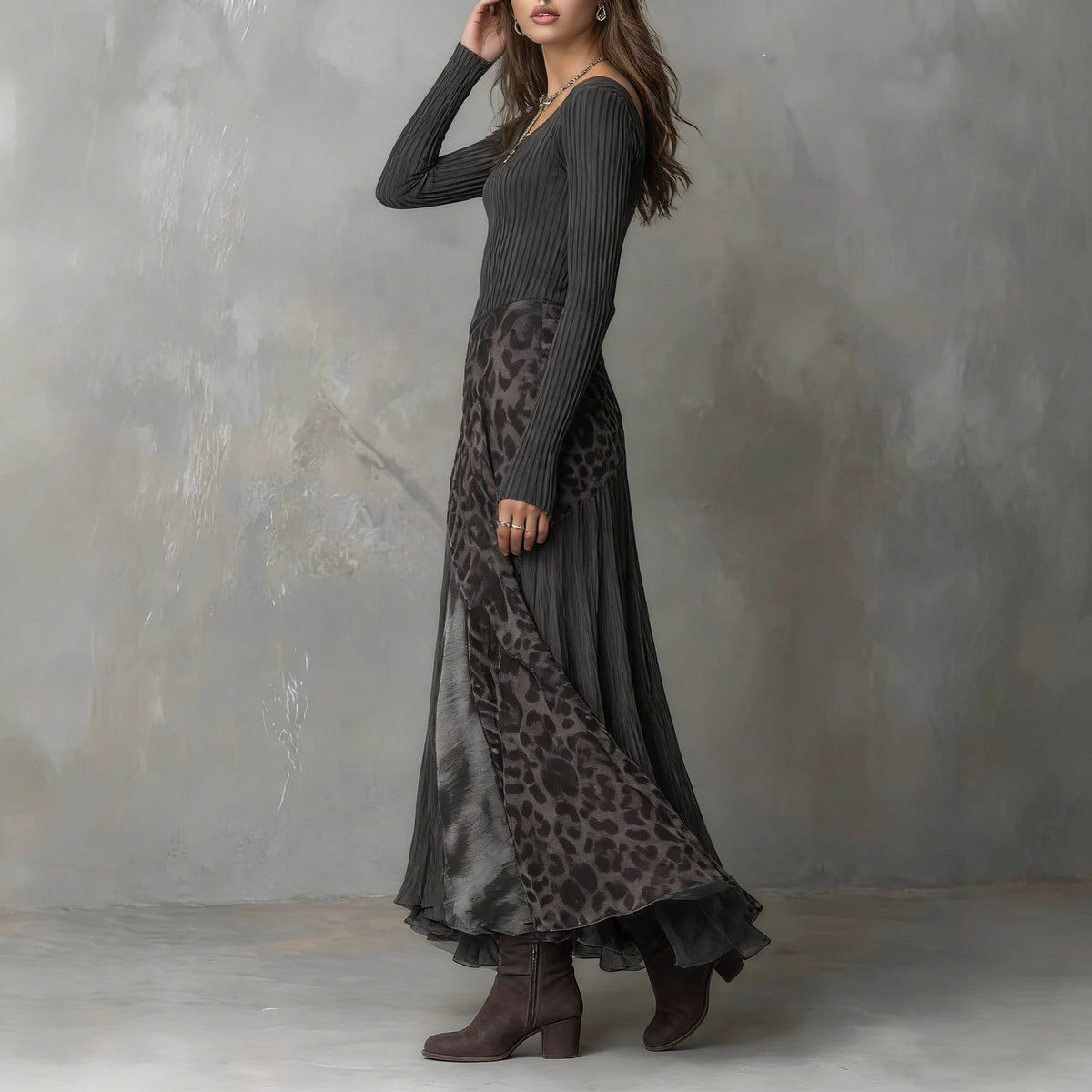 Ribbed Leopard Maxi Dress Long Sleeve High Waist Asymmetric