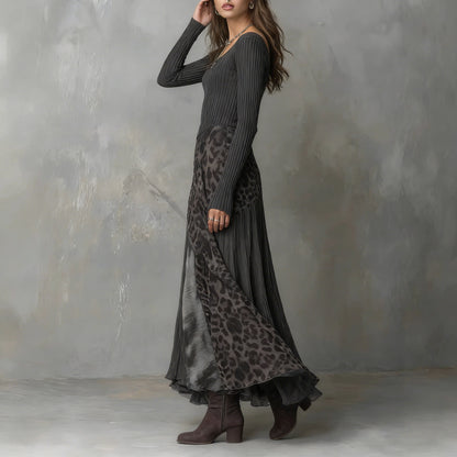 Ribbed Leopard Maxi Dress Long Sleeve High Waist Asymmetric