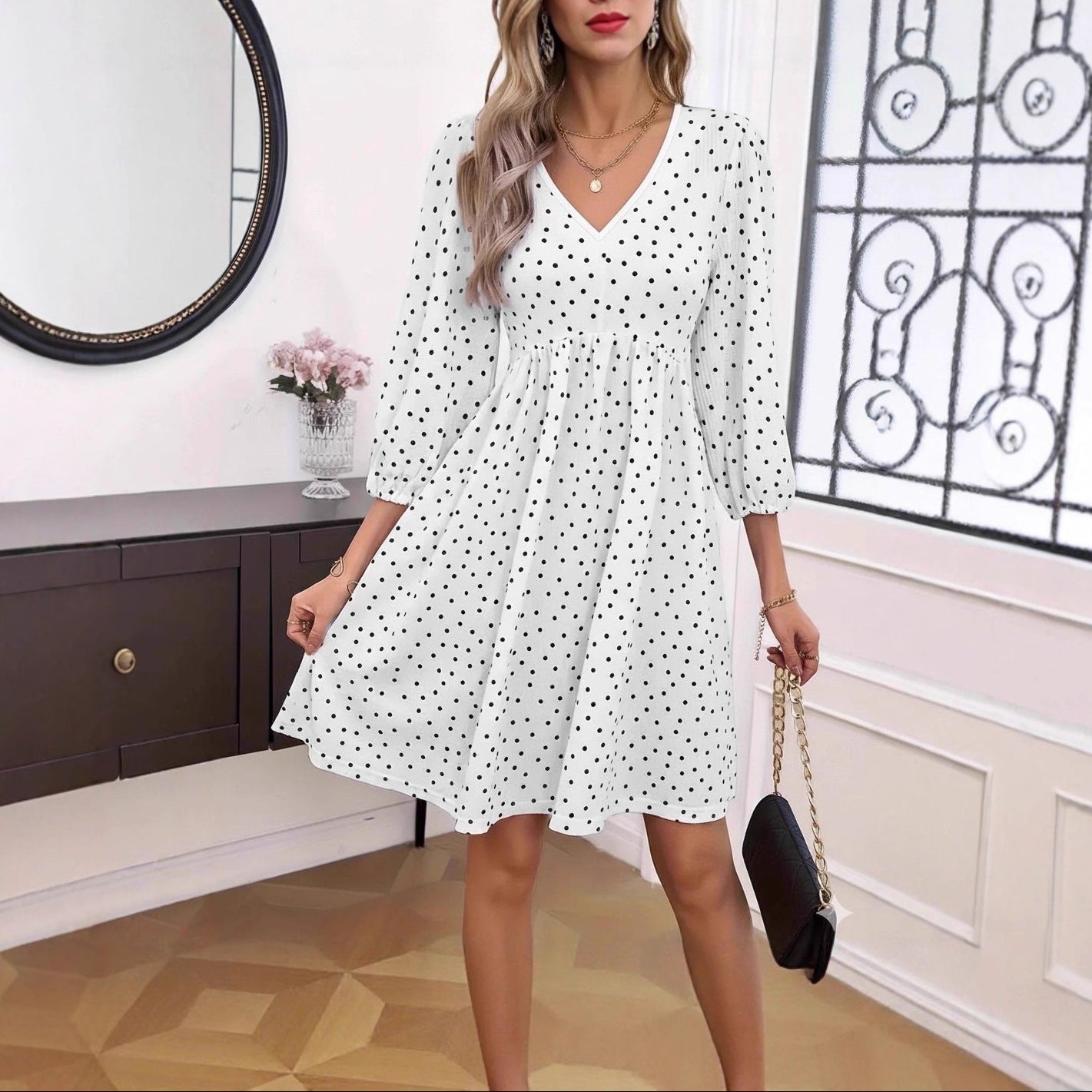Women Polka Dot V Neck Puff Sleeve A Line Mini Dress