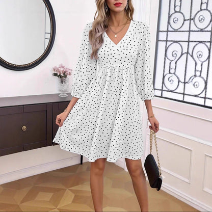 Women Polka Dot V Neck Puff Sleeve A Line Mini Dress