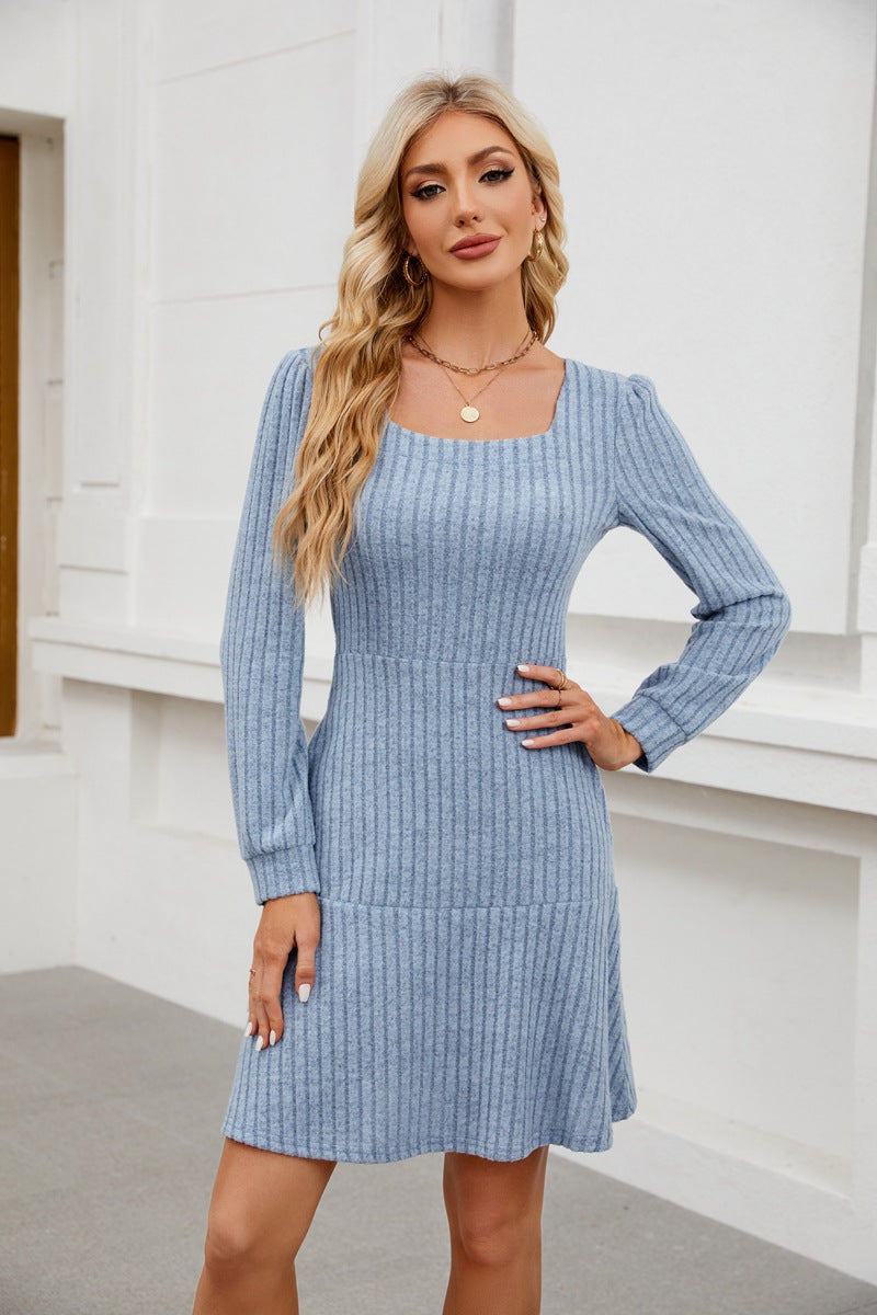 Square Neck Puff Sleeve A-Line Mini Dress with Pockets
