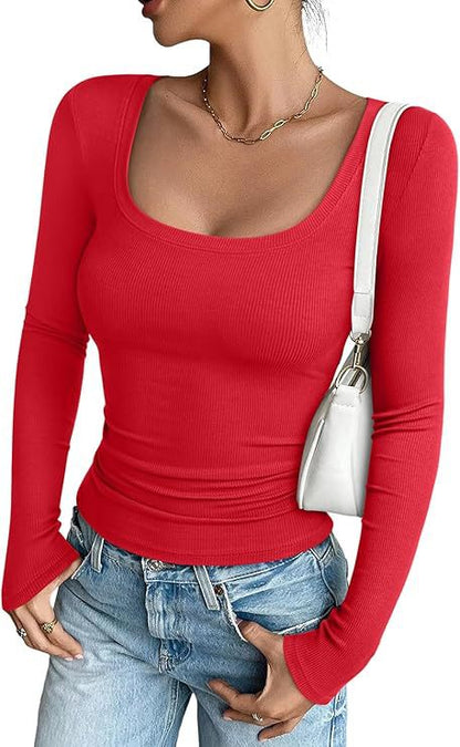 Women's Square Neck Ribbed Long Sleeve Fitted Top