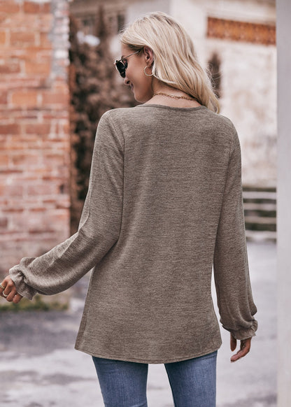 Round Neck Pleated Long Sleeve Brushed Knit Top