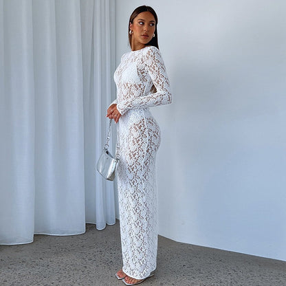Sexy Sheer Lace Long Sleeve Bodycon Maxi Dress