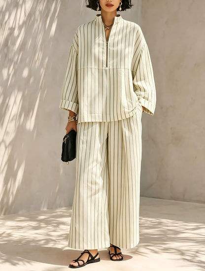 Women's Striped Half Zip Top Wide Leg Pants Set