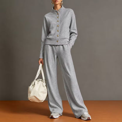 Women's Button Front Sweatshirt Wide Leg Pants Lounge Set