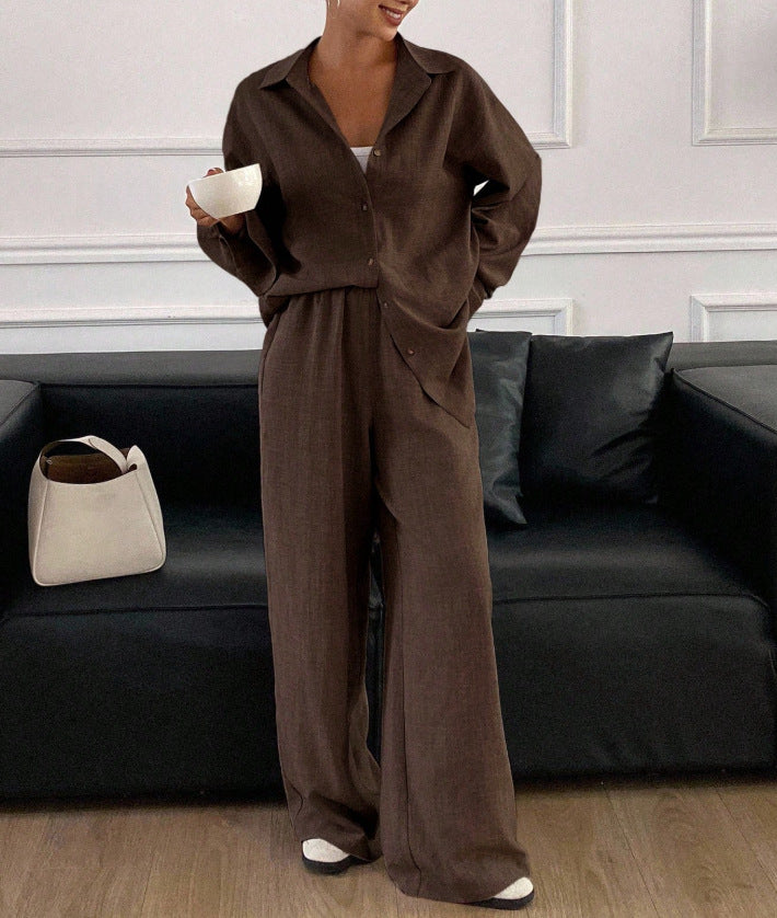 Linen Blend Button Down Shirt Wide Leg Pants Matching Set